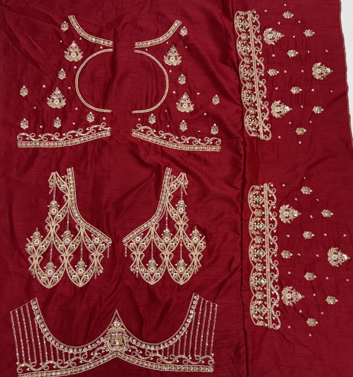 Maroon Silk Bridal Embroidered using Beads, Moti, Cotton Multi-Thread Handwork Semi-Stitched Lehenga Choli